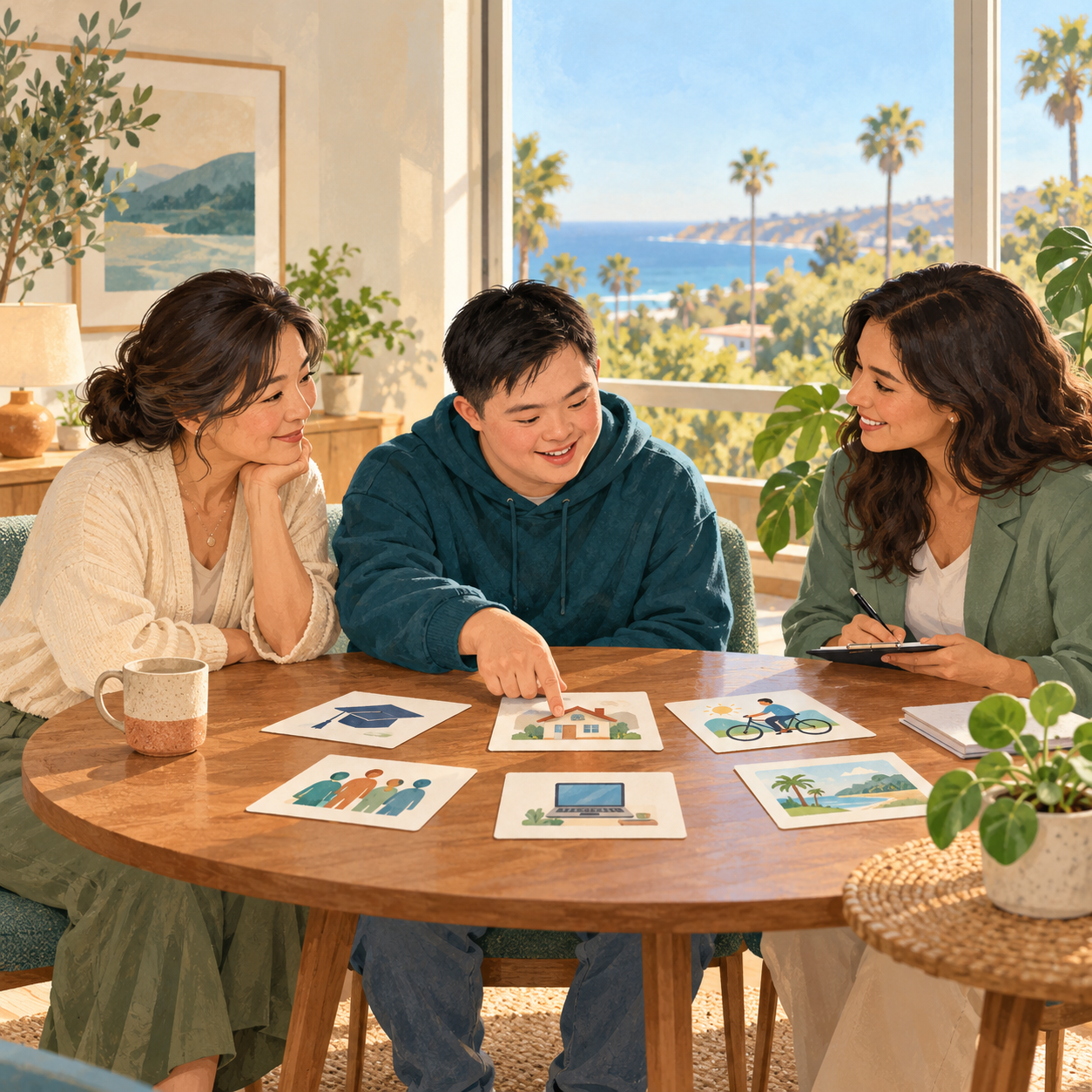 Illustrative scene of a participant, family member, and facilitator discussing goals.